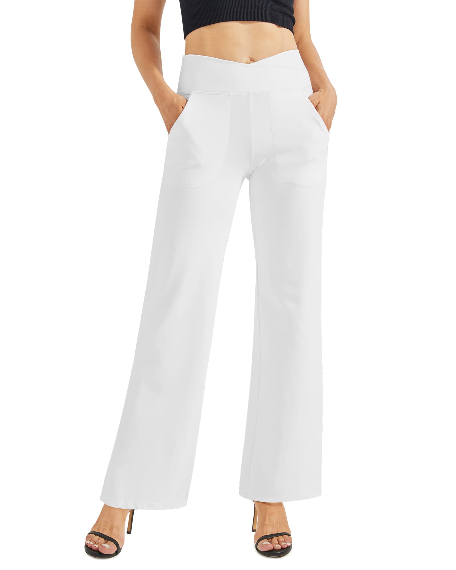 G4Free Yoga Pants for Women Wide Leg Trousers Crossover High Waist with Pockets Petite/Regular/Tall Loose Stretch Casual Lounge Pants