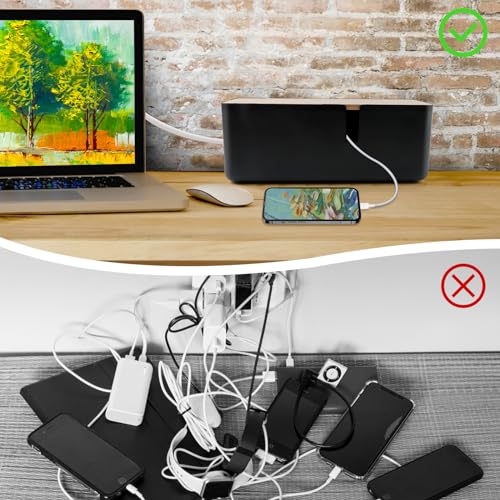 VFANDV Kabelbox, Kabelmanagement Box Aufbewahrungsbox für Kabel mit Bambusdeckel, Kabelaufbewahrungsbox zum Verstecken von Kabeln Organisieren von Computerverkabelung und Losen Kabeln (Schwarz)