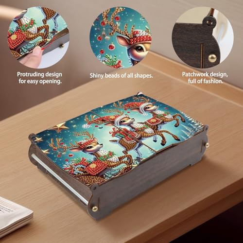 Image of MVVMTOP Diamond Painting Kit Wooden Storage Box, Reindeer DIY Special Shaped Diamond Flip Cover Wooden Money Box, Handmade Art Desktop Decorations Birthday Gifts for Friends