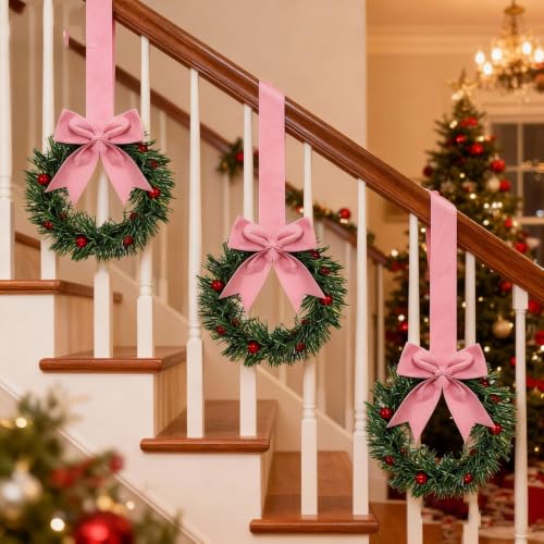 6 Pcs Mini Christmas Wreaths with Pink Ribbon Bow for Front Door Decor - image 5