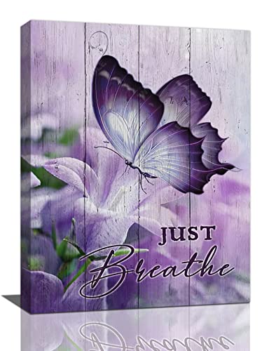 Bathroom Butterfly Wall Art Purple Butterfly Flower Pictures Just Breath Wall Decor Canvas Prints Framed Modern Inspirational Painting Artwork For Bathroom Bedroom Living Room Kitchen Office 12"X16" #TOP12