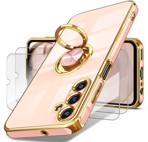 Dretal for Samsung Galaxy A25 5G Case, Screen Protector, 360° Rotatable Ring Holder Magnetic Kickstand,Plated Gold Edge Slim Soft TPU Protective Phone Cover for Galaxy A25 5G (Pink)