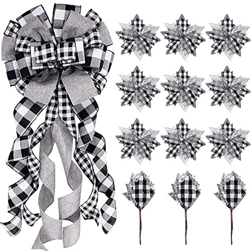 Syhood Christmas Tree Topper Decorations Large Christmas Bows Tree Ornaments and Christmas Tree Flowers for Christmas Holiday Party Decorative (Black White Buffalo Plaid,12 x 34 Inch)