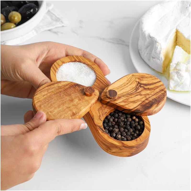 Olive Wood Salt and Pepper Pinch Pot with Swivel Lid, Rustic Wooden Seasoning Holder, 6 Inch (Eight shape)