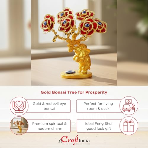 Image of eCraftIndia Tree of Life Bonsai Evil Eye Tree Elephant Statue Feng Shui Showpiece (Gold & Red) Feng Shui Items for Good Luck Positive Energy Vastu Shelf Living Room Home Decor Gift for Housewarming