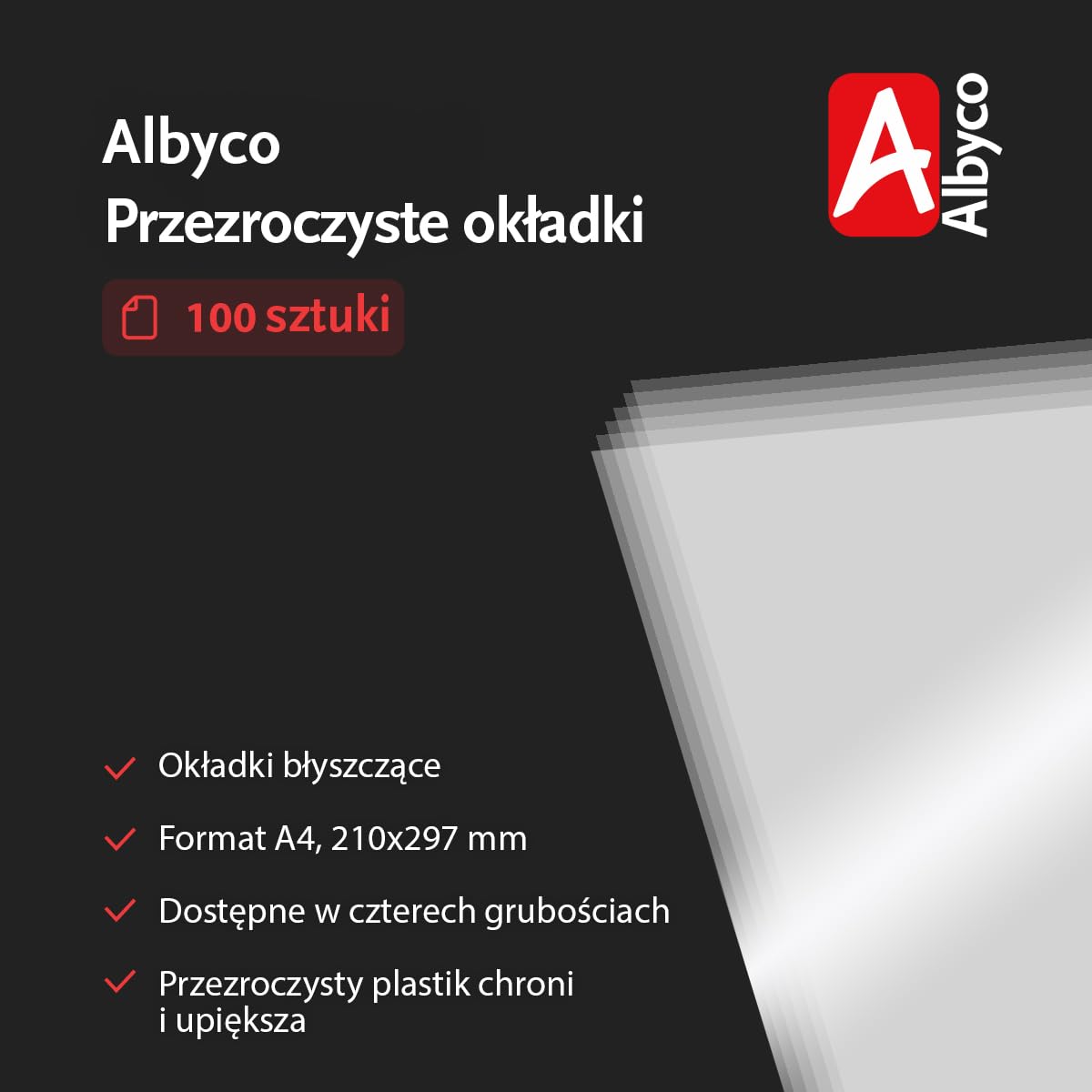 Albyco przezroczyste pokrywy błyszczące, grubość 0,18 mm/180 mikronów, format A4, 210x297mm, PVC