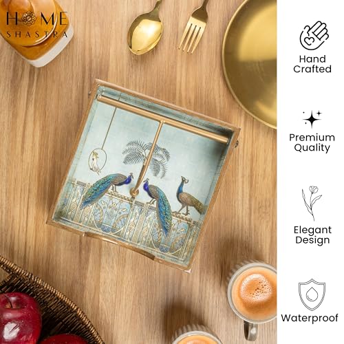 Image of Wooden Napkin Holder with Gold Engraving | Pack of 1 | Size : 7.5 x 7.5 inch | Enamel Coated Waterproof | Tissue Holder for Dining Table | (Blue Peacock Napkin Holder)