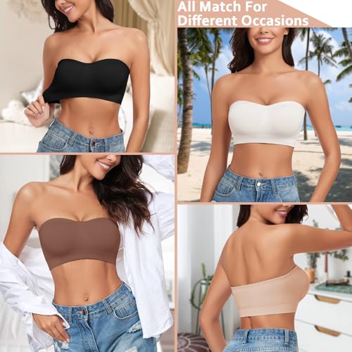 Image of WOWENY Strapless Bras for Women Bandeau Bra Wireless Non-Slip Silicone Seamless Padded Tube Top Bra