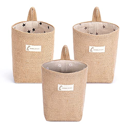 Keleily Cesta de Lino con asa,3Piezas Bolsa de Almacenamiento para Colgar Cesta de Almacenamiento Plegable con asa, pequeño contenedor de Almacenamiento de Lino de algodón Plegable para hogar