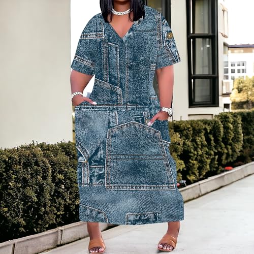 Image of SUZONANA Womens Plus Size Denim-Print Fashion Maxi Dresses Casual Soft Tshirt Dress