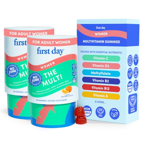 FIRST DAY Womens Multivitamin Gummies for Energy Hair & Overall Health Daily Multivitamin with Organic Superfood Blend Methylated Folate Zinc & Biotin Vegan No Junk 120 Gummies