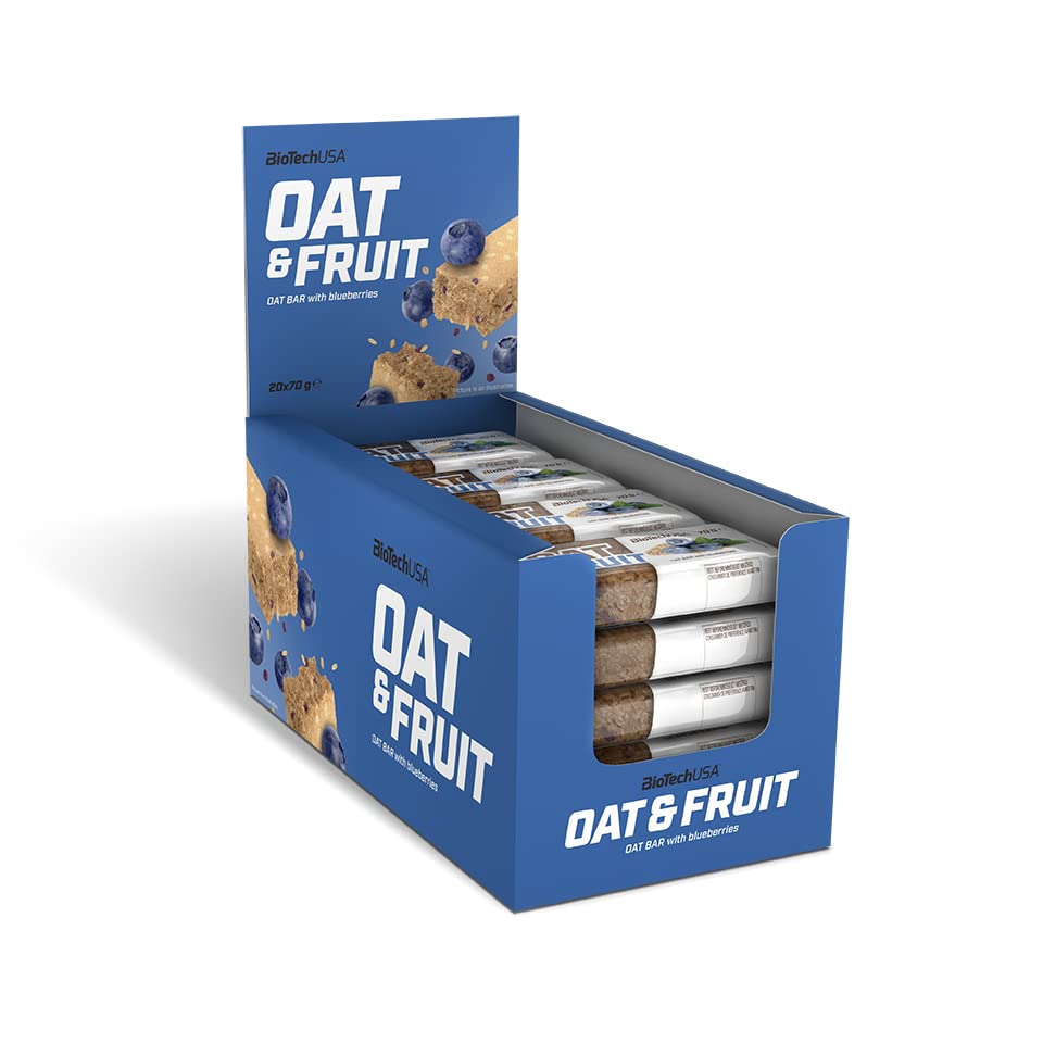 BioTechUSA Oat & Fruits Barrita de avena con alto contenido de fibra dietética y deliciosos trozos de fruta, 20 * 70 g, Arándanos