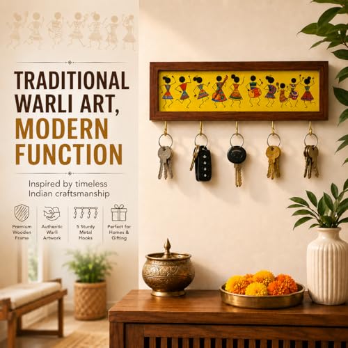 Image of Elephant Metal Key Hanger Without Drill| |Wall-Mounted Key Rack with 7 Hooks | Home Decor Organizer | Stylish Keychain Holder for Home & Office |No Drilling (Warli Art Key Holder)