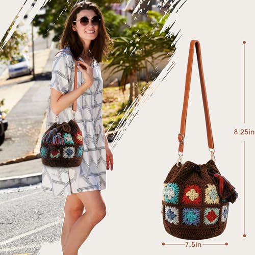 Image of Noocro Crochet Kit for Advanced or Intermediate Beginner DIY Granny Square Bucket Bag, Purse with Step by Step Tutorial Video and Detailed Instruction Complete Kit Craft Holiday Gift (Chestnut)