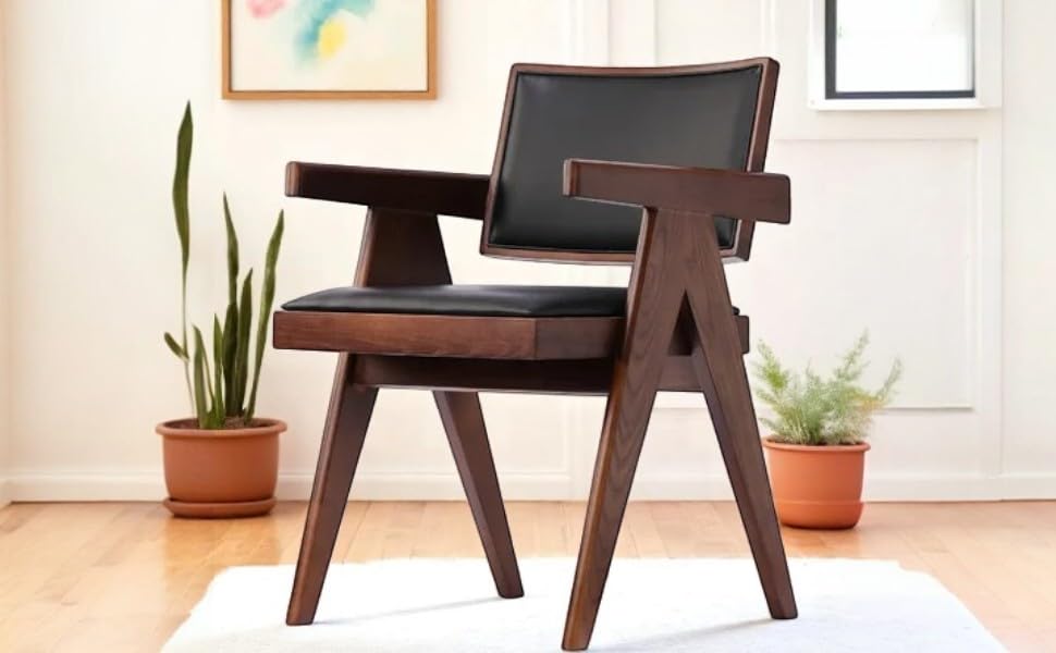 Image of Furniture Solid Sheesham Wooden Arm Chair with Cushion and Cane Back Support Chair Living Room Bedroom Home Wooden Armchair Furniture Garden Balcony Outdoor & Indoor (Black seat Set Off 2)