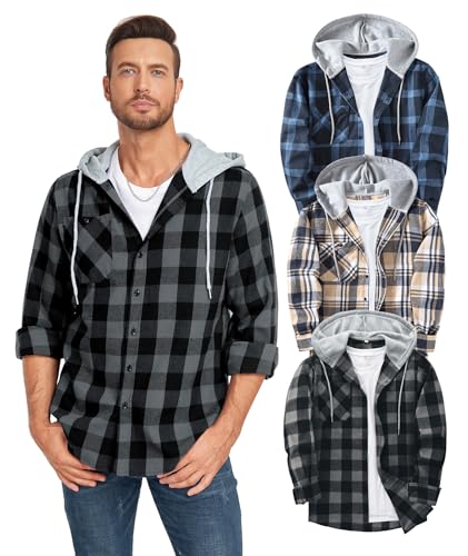 SWISSWELL 3 Pack Men's Flannel Plaid Shirt Casual Long Sleeve Button Down Shirt with Hood