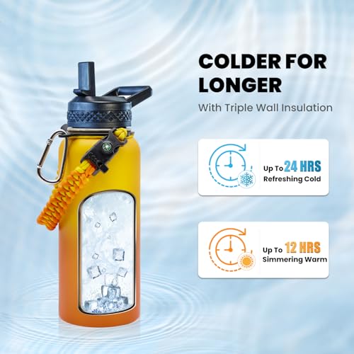 Image of RAYMYLO Insulated Water Bottle 32 oz, Triple Wall Vacuum Stainless Steel (Cold for 24Hrs, Hot for 12Hrs), Leak Proof & Non-BPA, Modern Water Flask Jug with Paracord Handle & Straw Spout Lids