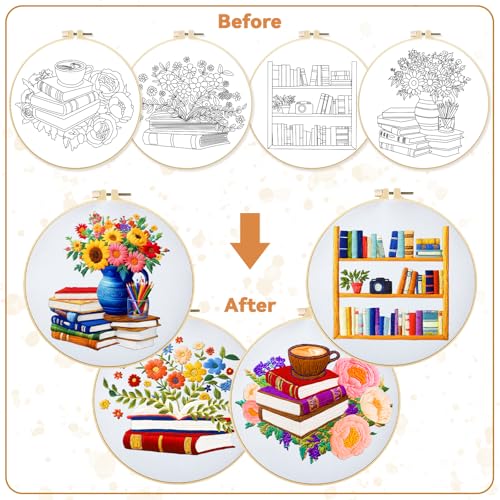 Image of BEUNITONE 4 Set Book Flower Embroidery Kit for Adult Beginners 7.9x7.9 DIY Cross Stitch Kits Needlepoint Starter Kit with Pre-Printed Design and Hoops, Stamped Embroidery Kit for Home Ofiice Decor