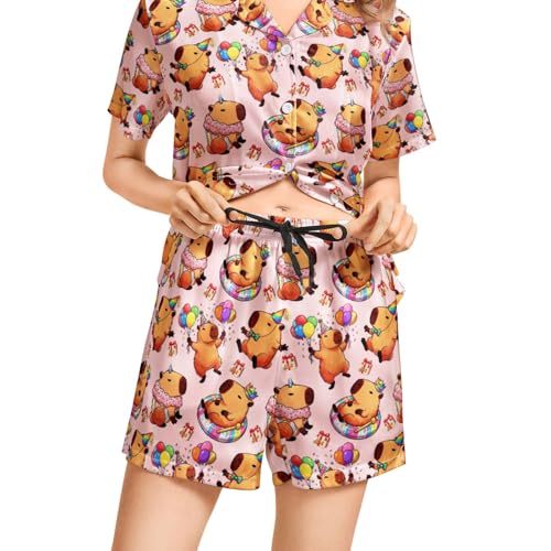 Image of Funny Pajamas for Women Set Print Satin Loungewear Pjs Short Sleeve Button Down Top and Shorts Sets Sleepwear XS-3XL