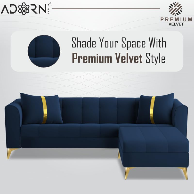 Image of Adorn India Premium Mystic - 3 Years Warranty - L Shape 4 Seater Sofa Set Velvet Suede Fabric - Blue