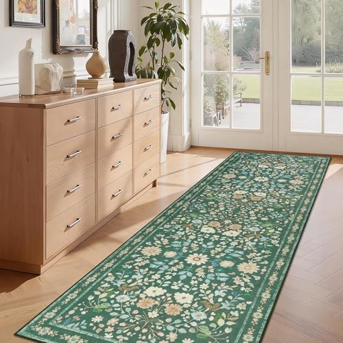 Homcomodar Waschbar Grün Teppich Läufer Flur 80x200cm Vintage Boho Blumen Küchenläufer rutschfest Küchenteppich Kurzflor Teppiche Läufer für Küchen Flur Eingang Wohnzimmer Schlafzimmer Büro