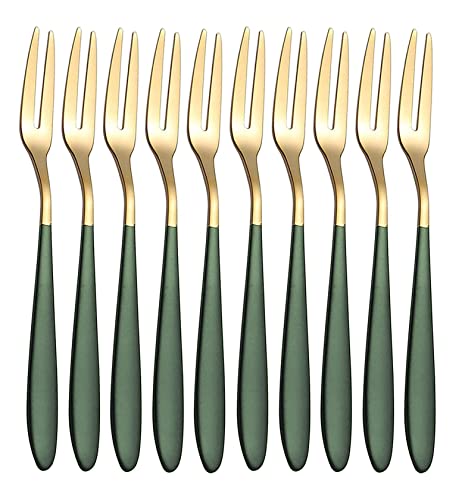 Image of Mini Cocktail Forks Appetizer Forks 18 /10 Stainless Steel Fruit Forks Dessert Forks Tasting Forks Appetizer Small Forks Set Appetizer Cake Fruit Forks Set (Green,Set of 10)
