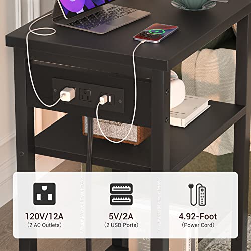 Cyclysio End Table Set Of 2 With Charging Station, 3 Tier Small Nightstand With Storage Shelf, Slim Side Table With Usb Ports & Outlets, Modern Sofa Bedside Table For Bedroom, Living Room, Black #TOP4