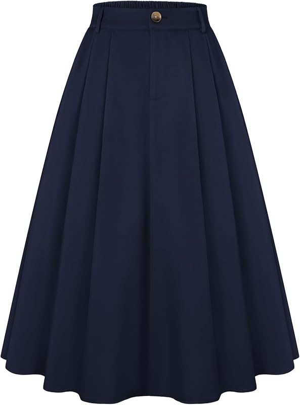 Women Vintage Pleated Skirt with Pockets A Line Midi High Elastic Waist Flared Skirt for Office Daily