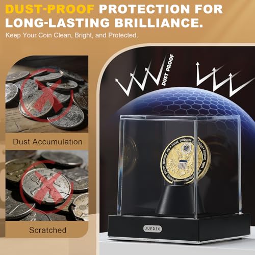 Image of JupDec Coin Display Case, Clear Acrylic Single Coin Holder with Durable Base, Dustproof Cube Showcase with Black Velvet Interior, Ideal Gift for Challenge Coin Fans & Collectors