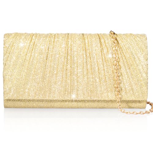 Image of Larcenciel Clutch Purses for Women, Shiny Pleated Evening Bag w /Removable Chain for Formal Events Cocktail Wedding Prom