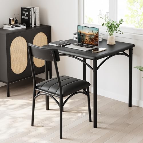Image of GAOMON 3-Piece Dining Table Set for 2, Space-Saving Kitchen Square Table and 2 Upholstered Chairs, Farmhouse Square Kitchen Table Set, Compact Dining Room Furniture for Apartment, Studio, Black