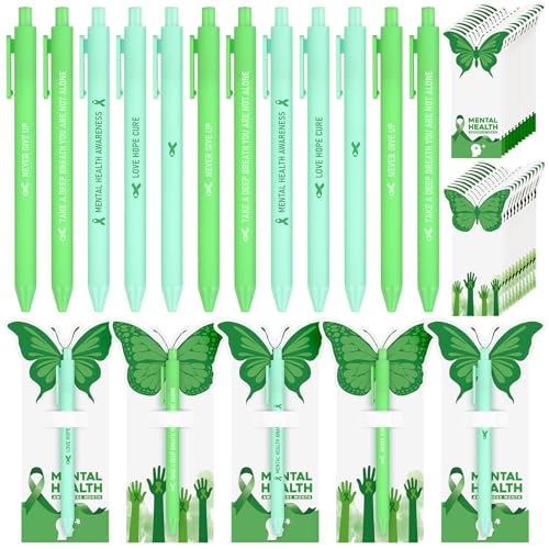 Kklolai 30 Sets Mental Health Awareness Pens Bulk Green Ballpoint Pens with Butterfly Cards Mental Health Gifts for Women Men Volunteers Charity Public Community Events & Fundraising Campaigns