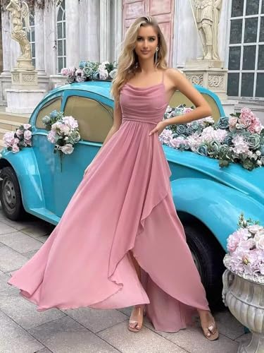 Women's Chiffon Bridesmaid Dresses with Slit Spagehetti Straps Cowl Neck A Line Formal Gowns W014