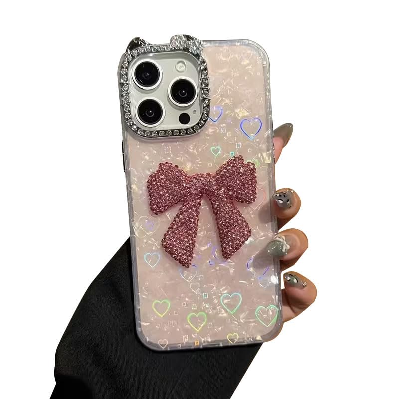 Image of mobistyle Compatible with iPhone 15 Pro | Rhinestone Bow Elegant Heart Shell Pattern and Camera Lens Protection Back Cover Case for Women Girls iPhone 15 Pro (Pink)