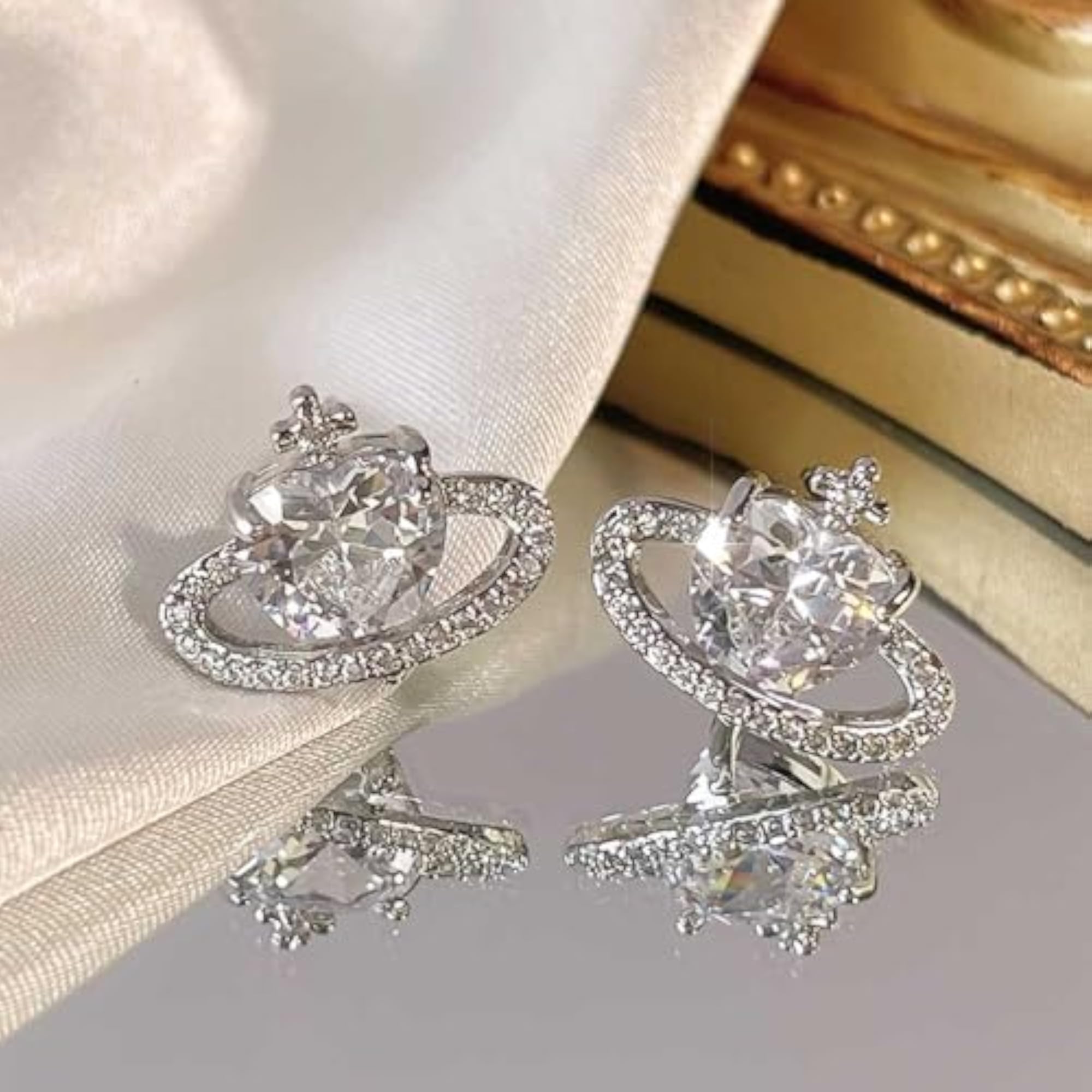 Love Planet CZ Stud Earrings, Silver Plated