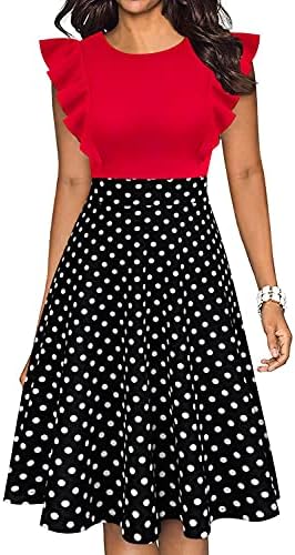 Women's Wear to Work Dress Vintage Ruffle Sleeves Dress Floral Print Flared A Line Swing Summer Dress Casual Wedding Guest Cocktail Party Dresses with Pockets Red Black White Polka Dot Large
