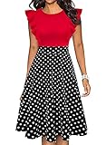 Women's Wear to Work Dress Vintage Ruffle Sleeves Dress Floral Print Flared A Line Swing Summer Dress Casual Wedding Guest Cocktail Party Dresses with Pockets Red Black White Polka Dot Large