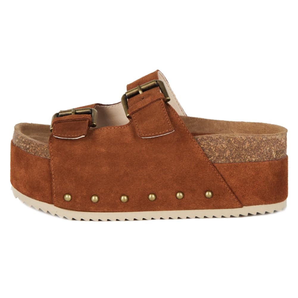 Yishaweiqi Women's Suede Platform Sandals Comfortable Cork Footbed Studded Flatform Sandals Adjustable Buckle Straps Flat Clogs Slide Sandals