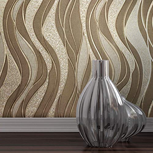 113 sq.ft rolls Embossed waves modern wave lines Vinyl Non-Woven Slavyanski wallcoverings brown beige gold metallic victorian damask vintage pattern Wallpaper textured 3D coverings paste the wall only
