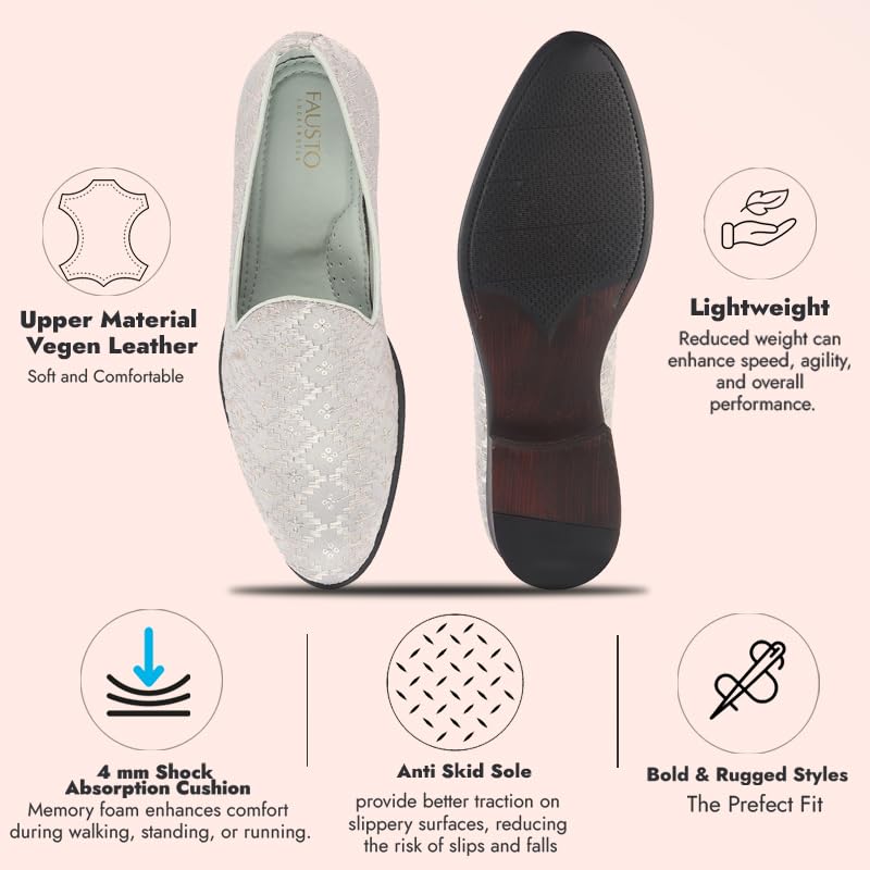 Image of FAUSTO Men Embroidered Sequin Ethnic Slip-On Juttis and Mojaris with Memory Cushioned Insole | Traditional Party Loafer Kurta Shoes for Wedding, Reception