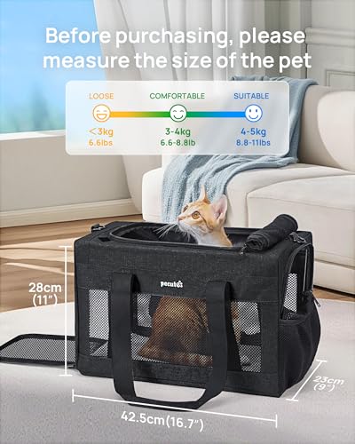 pecute Katzentasche Transporttasche Stabiler, Hundetransporttasche Halt Haustier Tragetasche,Katzentragetasche Leicht, Belüftete Katzentransportbox für Reisen,Auto,Tierarzt, bis 4 kg,Dunkelgrau