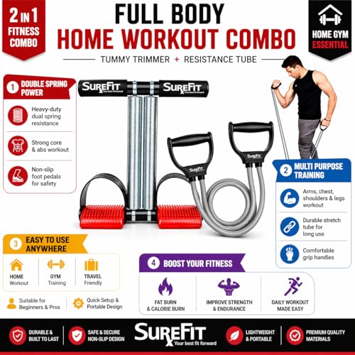 Image of SUREFIT Double Spring Tummy Trimmer with Resistance Tube - Heavy Duty Full Body Workout Abdominal Exerciser-Standard Size (Red)
