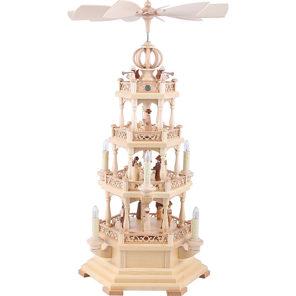ISDD Cuckoo Clocks Piramide di Natale Storia Sacra con Angeli, 3 Piani, 63 cm di Altezza, illuminata e condotta elettricamente (230 V, 50 Hz), Naturale, Originale Monti Metalliferi di Müller Seiffen