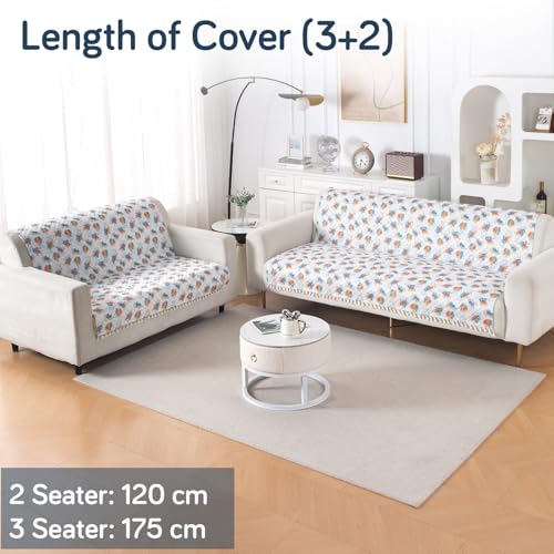 Image of HOKIPO Abstract Petals Quilted Sofa Cover 5 Seater with Tassels - (3+2) for Seat & Back | 'Tassel Twigs' Series (IN-991-T10 + IN-990-T10)