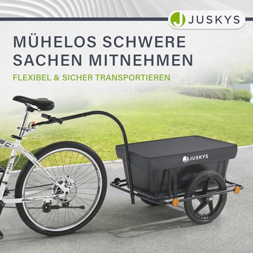 Juskys Fahrradanhänger 90 Liter - Lastenanhänger mit Kupplung, Deichsel — Anhänger für Fahrrad 40/80 kg Zuladung - Transportanhänger mit Schutzplane