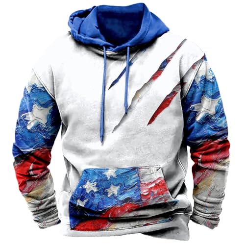 Mens American Flag Hoodies USA Patriotic Graphic Pullover Tops Trendy Casual Long Sleeve Hooded Cord Sweatshirts