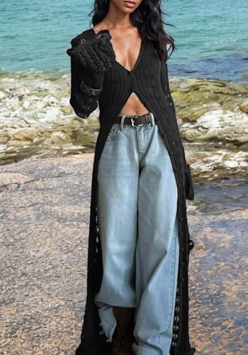 Image of Unybwonn Long Cardigans for Women Crochet Hollow Out Knit Sweater Cover up Maxi Dress Long Sleeve Button Down Cardigan