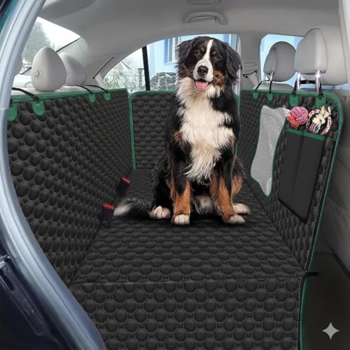 Image of Dog Car Seat Cover - Black &Green - Waterproof Scratch-Proof Protector with Mesh Window & Storage Pockets for Cars (Green, Flat Bone Mesh Car Seat Cover)