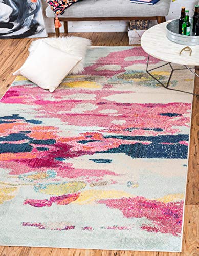 Unique Loom Estrella Collection Light Colors, Abstract, Modern, Vibrant Area Rug (7' 0 x 10' 0 Rectangular, Pink/Ivory)