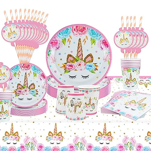 Stoviglie Compleanno Unicorno, 65 Pezzi Set Stoviglie Festa, Forniture de Unicorno Festa Compleanno, Kit Unicornos Compleannos Bambina con Piatti Tazze Fazzoletti Tovaglie Cannucce (16 Ospiti)